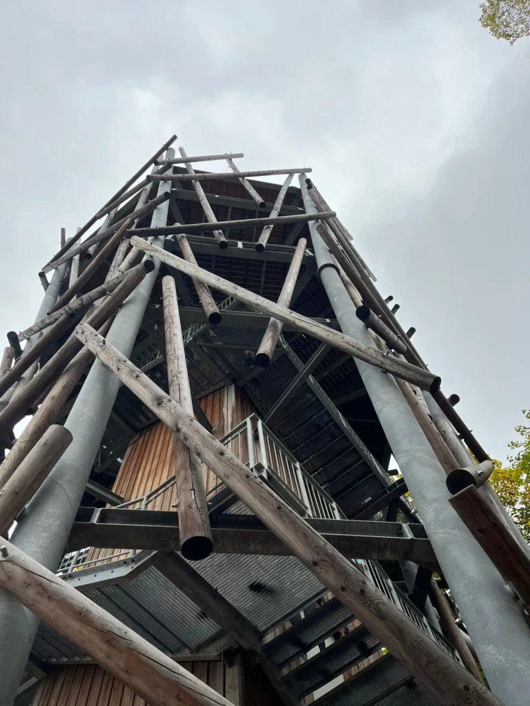 Holzturm mit strukturellen Metallstreben, aufgenommen von unten gegen einen bewölkten Himmel.