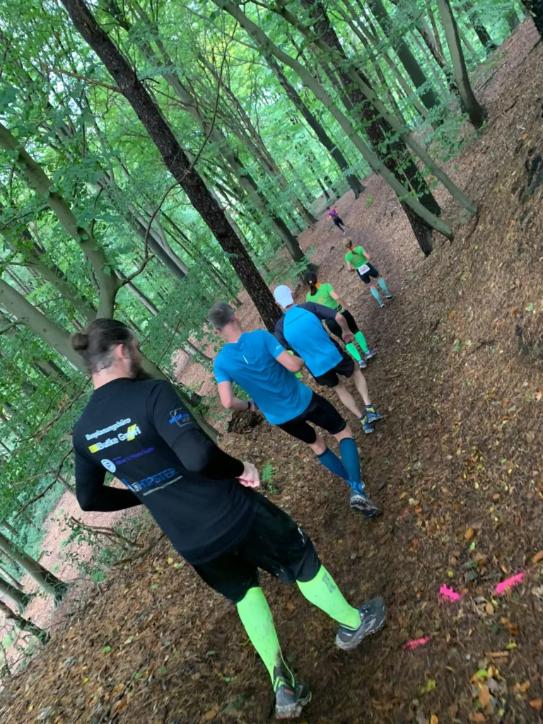 Gruppe von Läufern im Wald auf einem schmalen Pfad, bunte Kleidung, Natur, Ausdauerlauf im Freien.