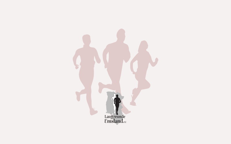 Drei Personen beim Joggen, Logo der Lauffreunde Emsland e.V. im Vordergrund, fördert Gemeinschaft und Fitness.