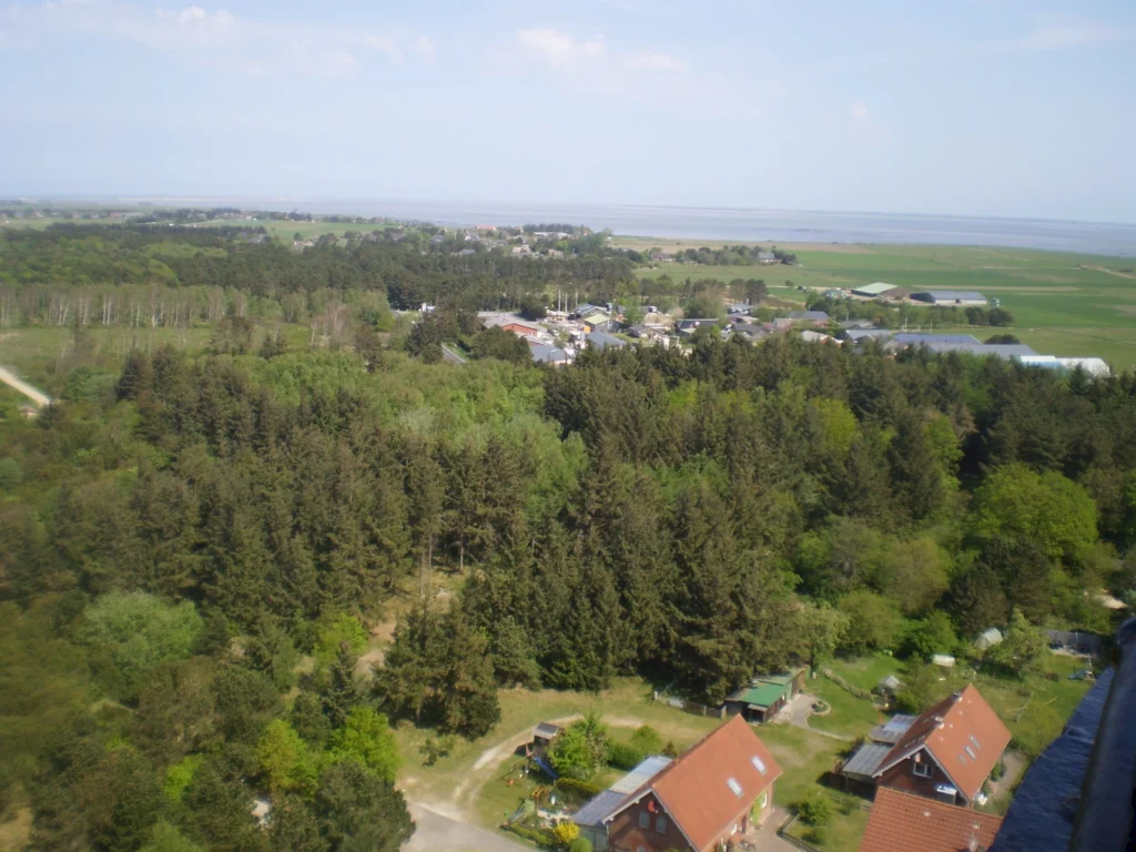 Luftaufnahme eines ländlichen Gebiets mit Wäldern, Wohnhäusern und landwirtschaftlichen Flächen, umgeben von grüner Natur und dem Meer im Hintergrund.