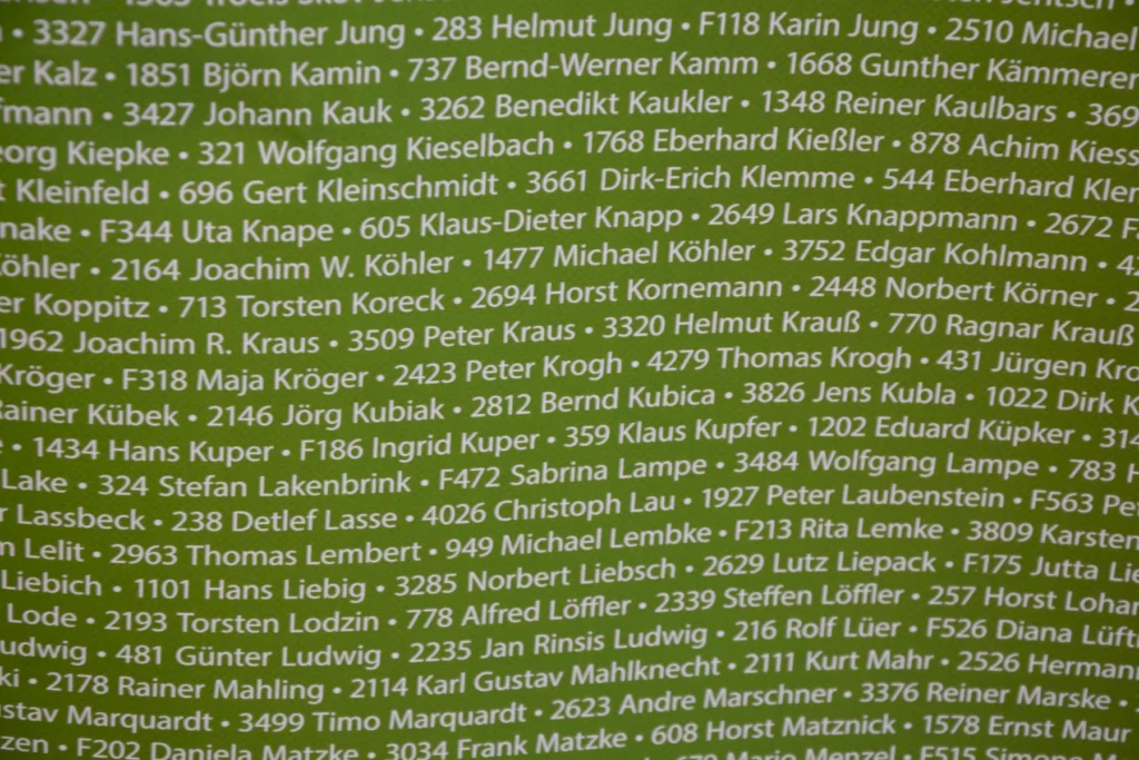 Grüne Wand mit dicht gedrängten weißen Textzeilen, die Namen und Zahlen zeigen.