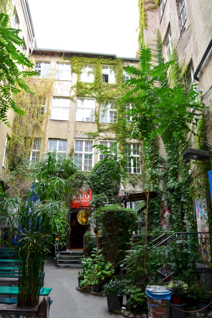 Innenhof eines alten Gebäudes mit üppiger Vegetation, grünen Pflanzen und einem Eingang zum Kino Central, umgeben von einer malerischen Atmosphäre.