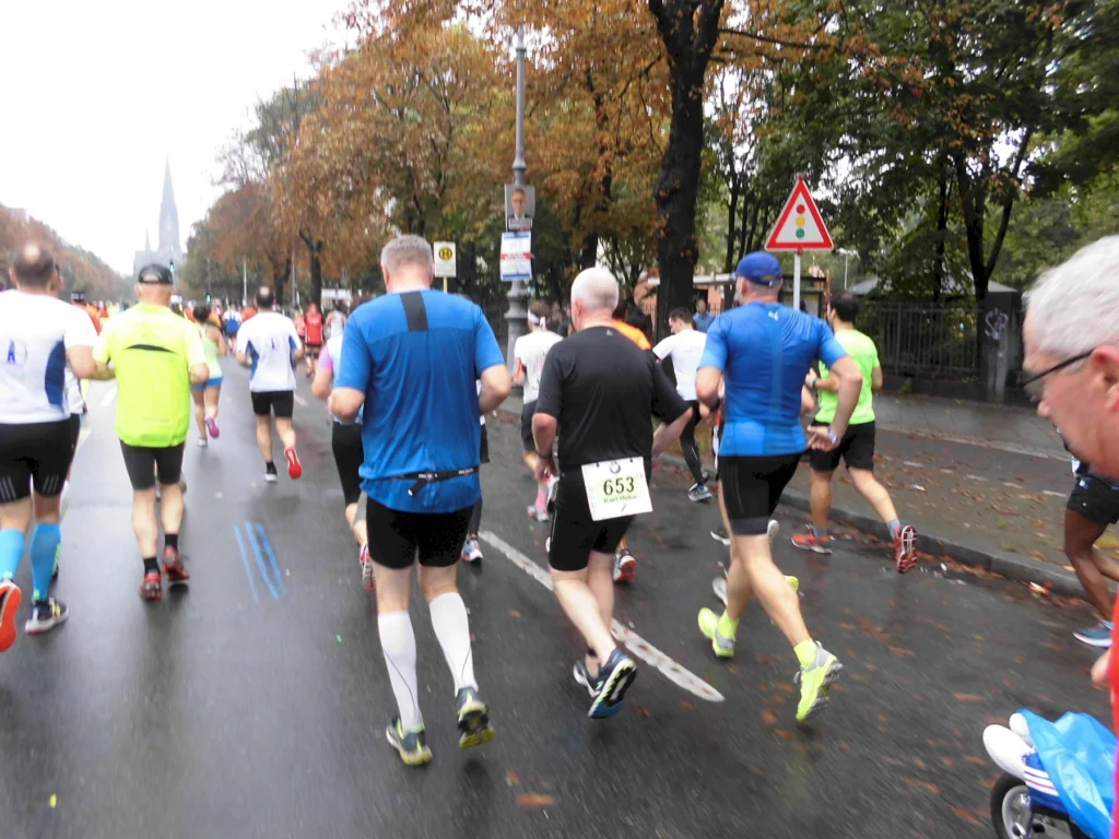 Läufer nehmen an einem Straßenmarathon teil, umgeben von herbstlicher Landschaft und nassen Straßen. Die Teilnehmer tragen sportliche Kleidung und Nummern auf ihren Trikots, während sie in einer Gruppe vorankommen.