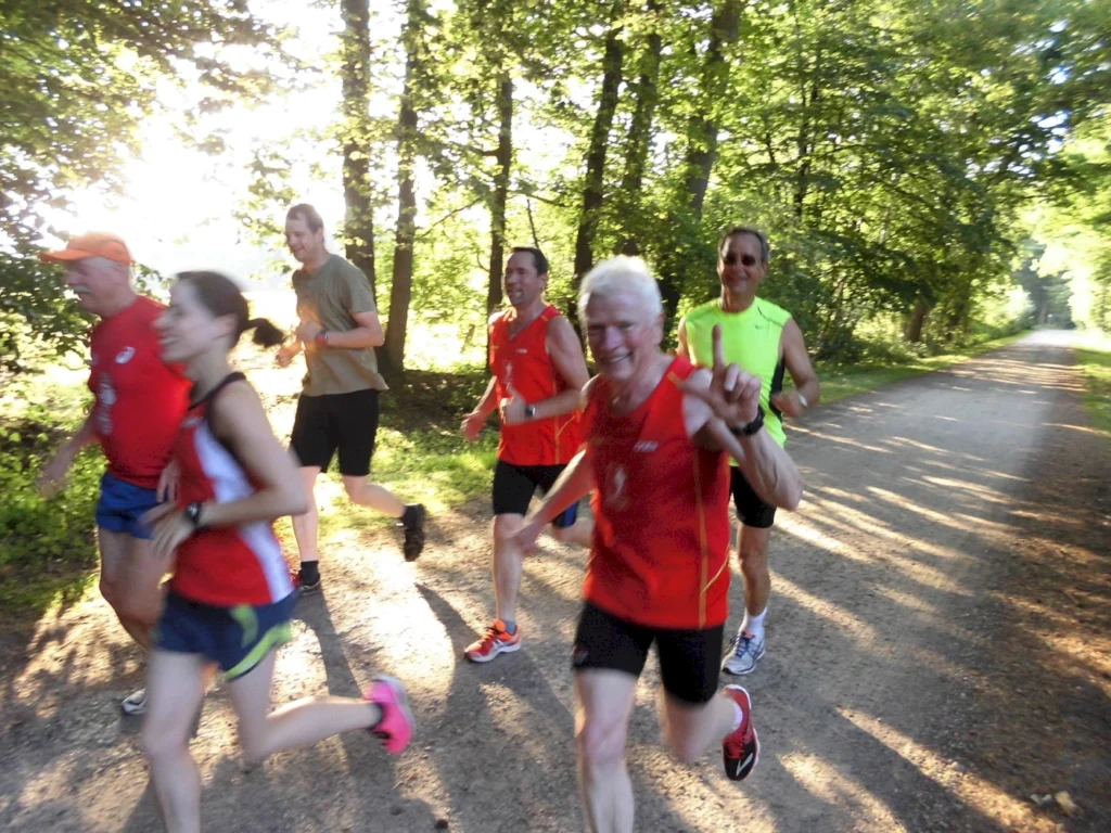 Gruppe von Läufern joggt fröhlich auf einem Waldweg bei Sonnenschein, lächelnd und dynamisch in Bewegung.