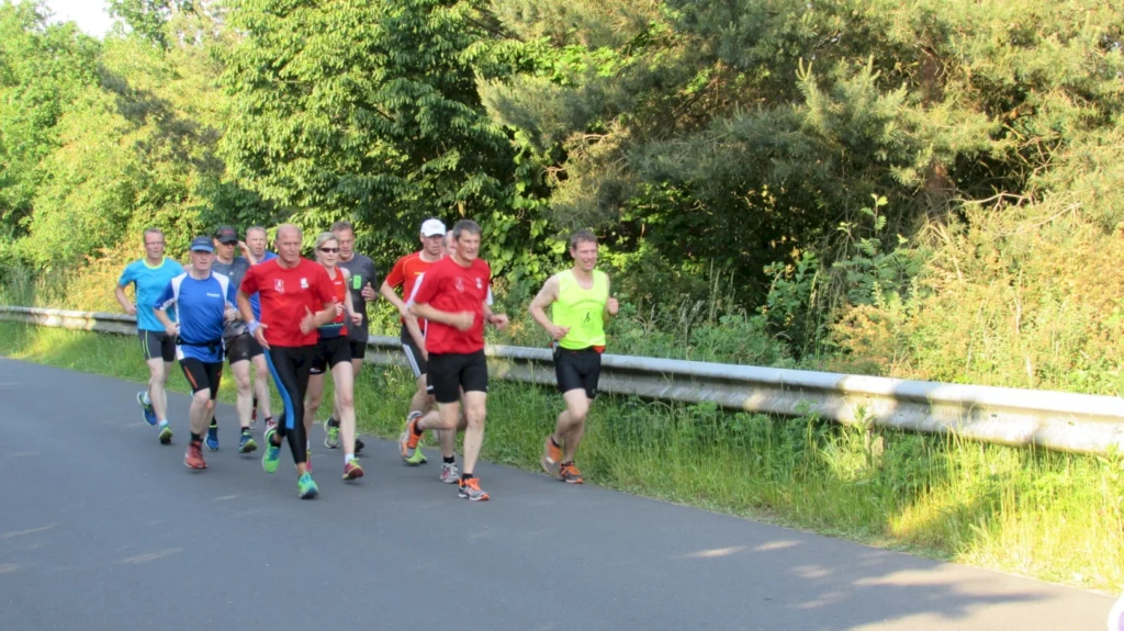 Läufergruppe joggt auf einer Straße bei sonnigem Wetter, umgeben von grüner Natur und Bäumen.