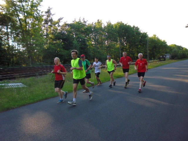 Gruppe von Männern joggt auf einer Straße im Freien bei Tageslicht, umgeben von Bäumen und Natur.