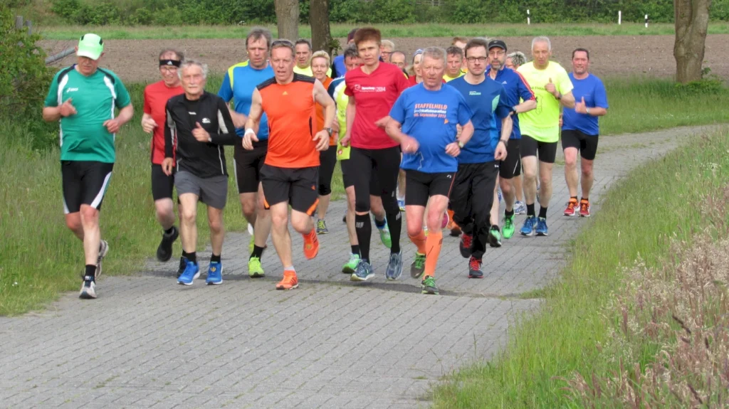 Gruppe von Läufern auf einem gepflasterten Weg im Freien bei einem gemeinsamen Lauftraining im Grünen.