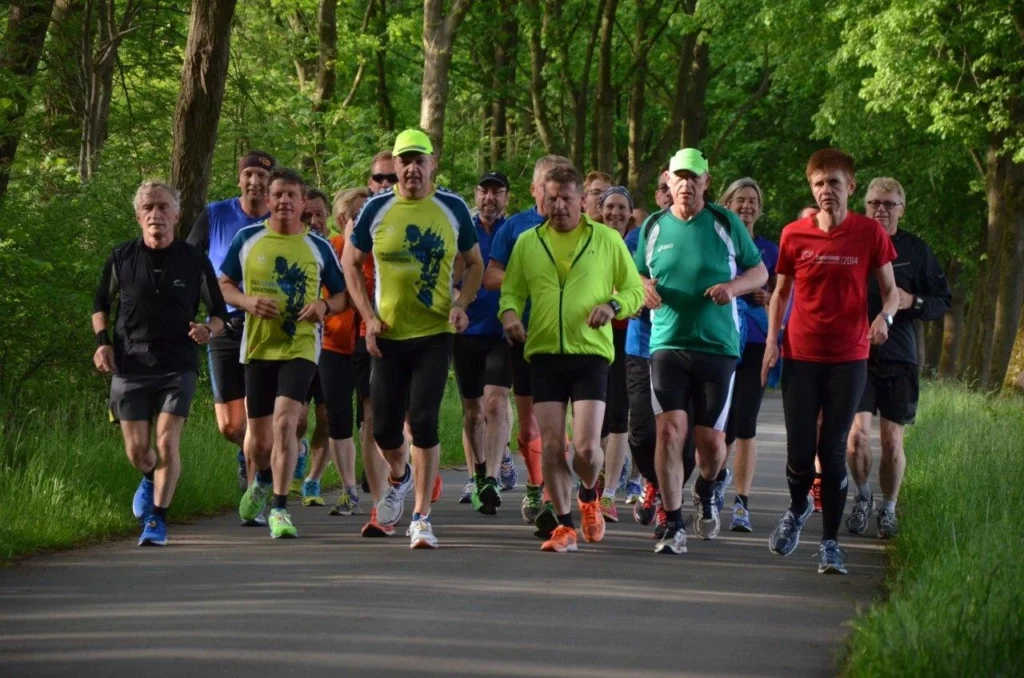 Gruppe von Läufern joggt auf Waldweg bei sonnigem Wetter, Fokus auf Gemeinschaft und Fitness im Freien.