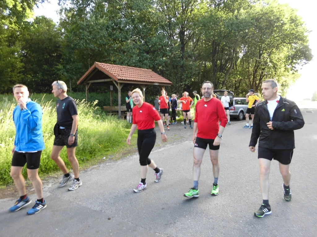Gruppe von Menschen beim Joggen auf einer Landstraße nahe einem Pavillon im Grünen an einem sonnigen Tag.