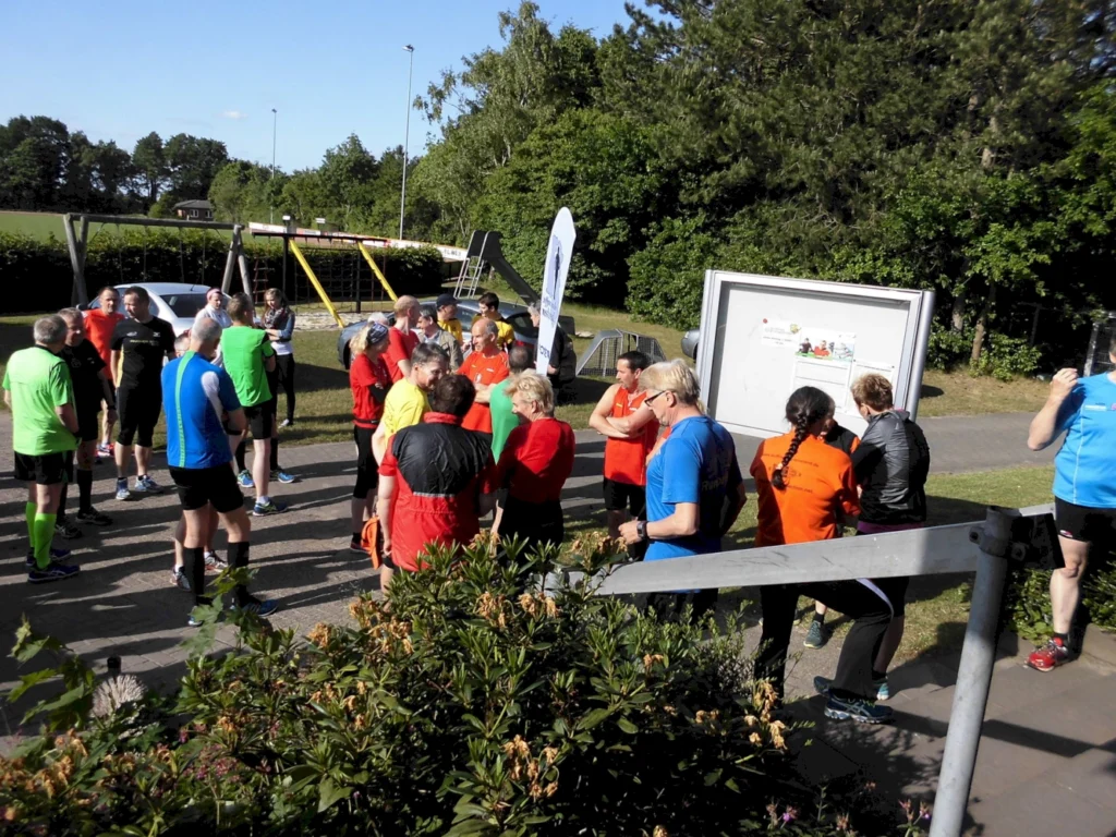 Gruppe von Läufern versammelt sich im Park bei Sonnenschein, bereit zum gemeinsamen Lauftraining im Freien.