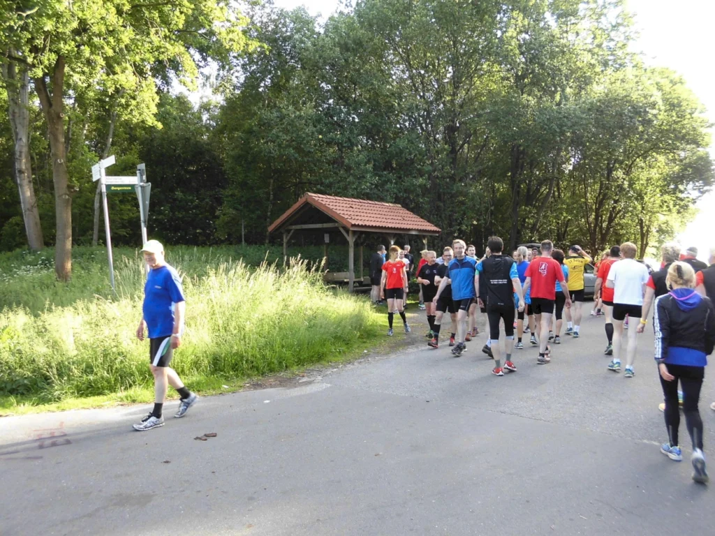 Läufergruppe bei einem sonnigen Wettkampf auf einer Landstraße im Grünen mit Bäumen und Wegweiser im Hintergrund.