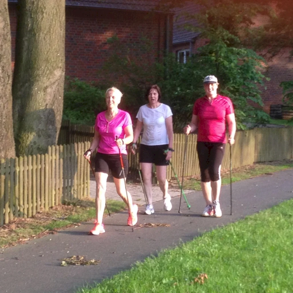 Drei Frauen beim Nordic Walking im Park entlang eines Zauns, an einem sonnigen Tag, in sportlicher Kleidung.