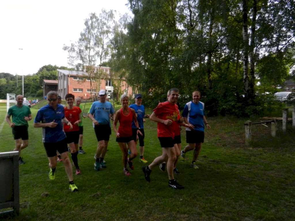Gruppe von Läufern joggt durch einen grünen Park, umgeben von Bäumen und Gras, bei einem sonnigen Wetter.