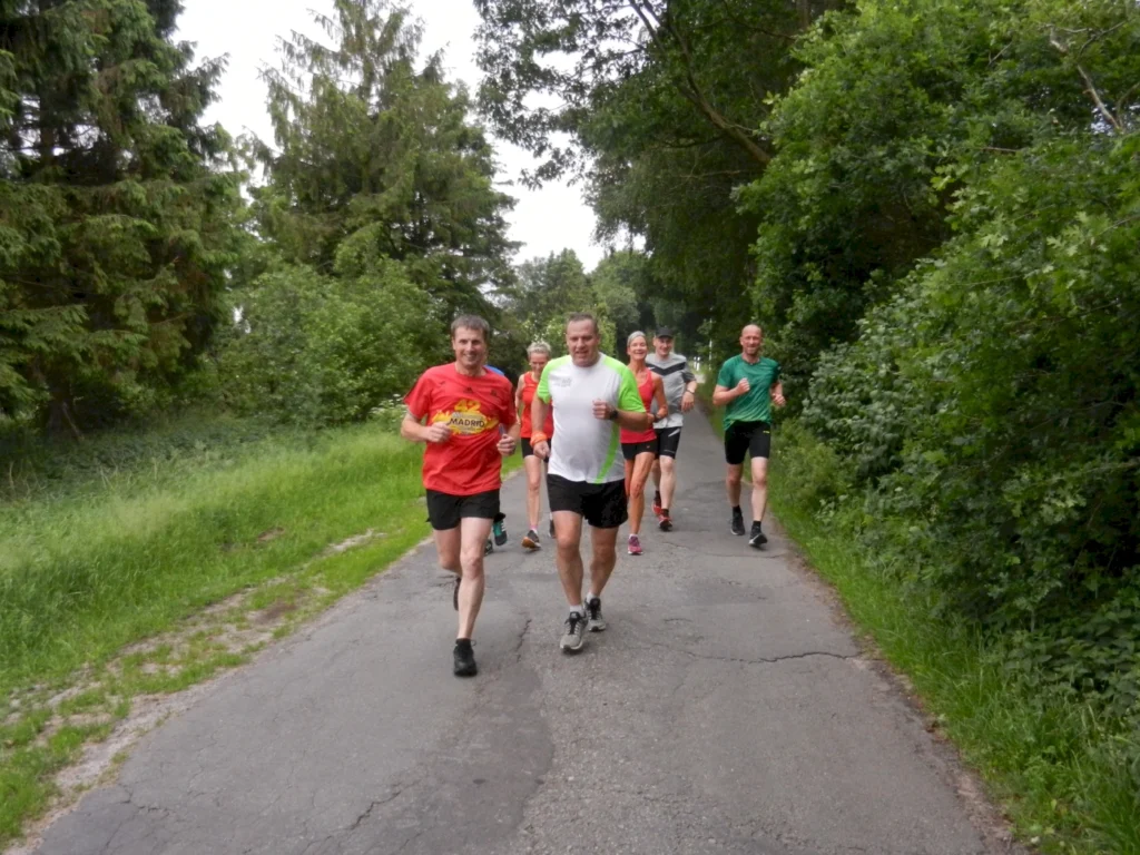 Gruppe von Personen joggt fröhlich auf einer ländlichen Straße, umgeben von Bäumen und grüner Natur.