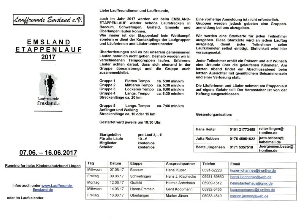 Flyer des Emsland Etappenlaufs 2017 mit Infos zu Terminen, Gruppen und Kontaktpersonen für Läufer.