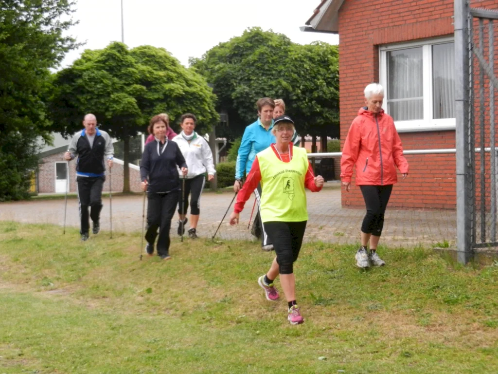 Gruppe von Menschen beim Nordic Walking in einem parkähnlichen Bereich, verschiedene Sportbekleidungen, einige mit Nordic-Walking-Stöcken, bei bewölktem Wetter.