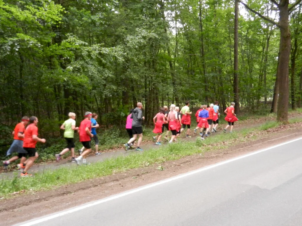 Gruppe von Läufern in roten T-Shirts, die auf einem Waldweg joggen, umgeben von grünen Bäumen und Natur.