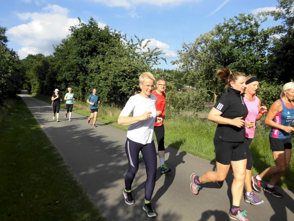 Gruppe von Läuferinnen und Läufern joggt auf einem sonnigen Weg in der Natur.