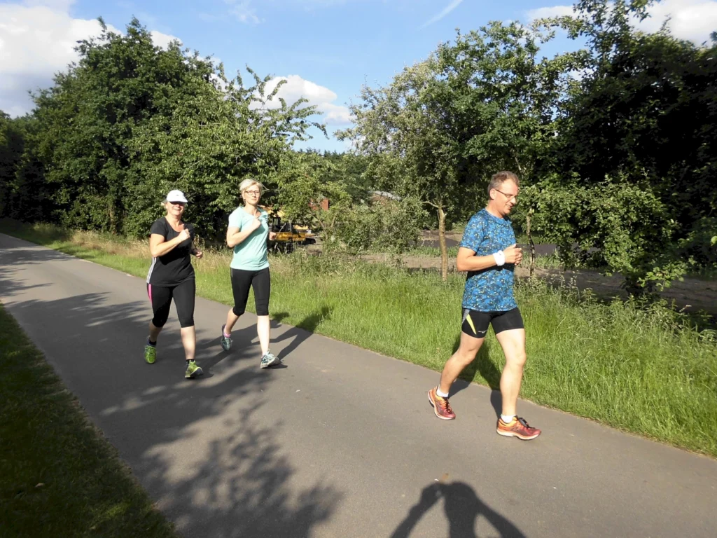 Drei Personen joggen auf einem gepflasterten Weg in einer grünen Umgebung. Zwei Frauen, eine in schwarzem Shirt und die andere in hellblauem Shirt, laufen nebeneinander, während ein Mann in einem blauen, gemusterten Shirt hinter ihnen joggt. Die Szene zeigt eine aktive Freizeitgestaltung in der Natur.