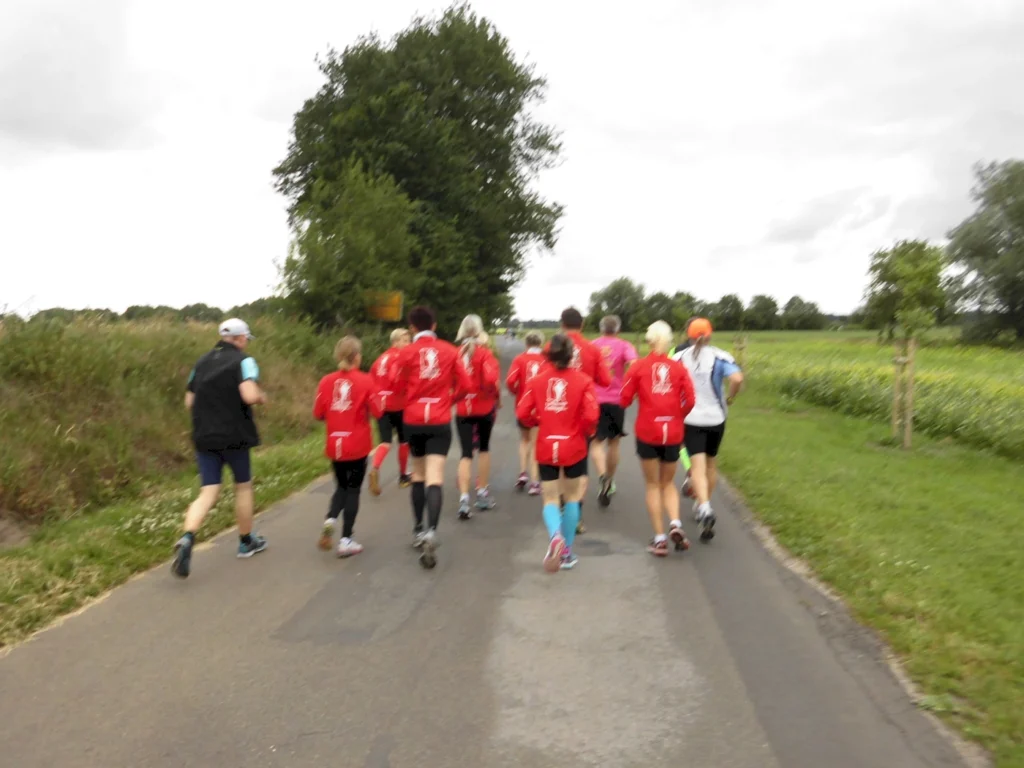 Gruppe von Läufern in roten Trikots, die auf einem Landweg joggen, umgeben von Grünflächen und Bäumen. Ideal für Fitness- und Laufveranstaltungen.