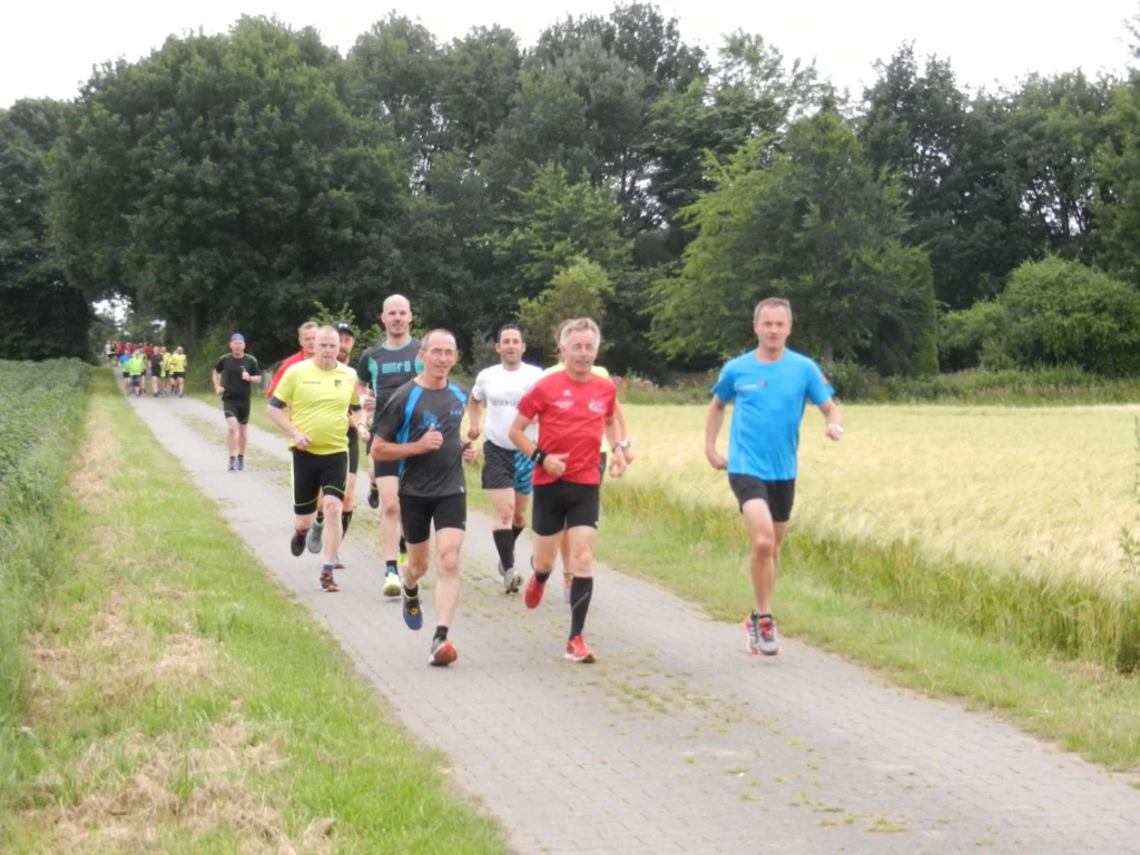 Gruppe von Läufern in Sportbekleidung, die auf einem gepflasterten Weg in einer ländlichen Umgebung joggen. Umgeben von Bäumen und Feldern, zeigt das Bild eine aktive Laufveranstaltung im Freien.