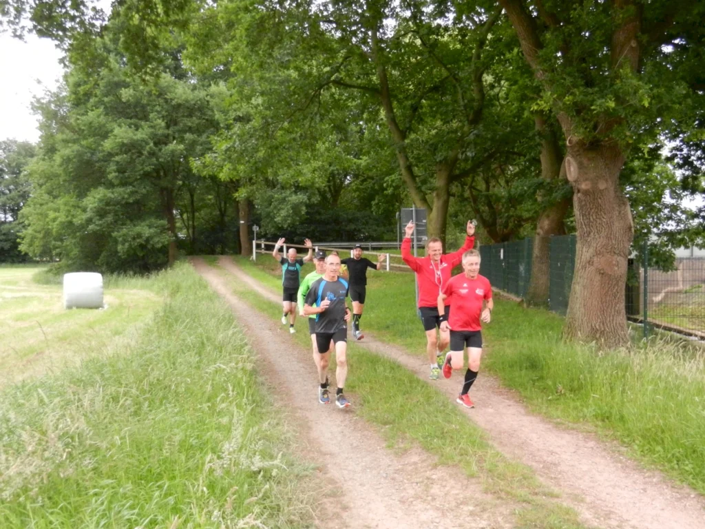 Gruppe von fünf Joggern auf einem Feldweg, umgeben von Bäumen und Gras, die fröhlich beim Laufen sind.