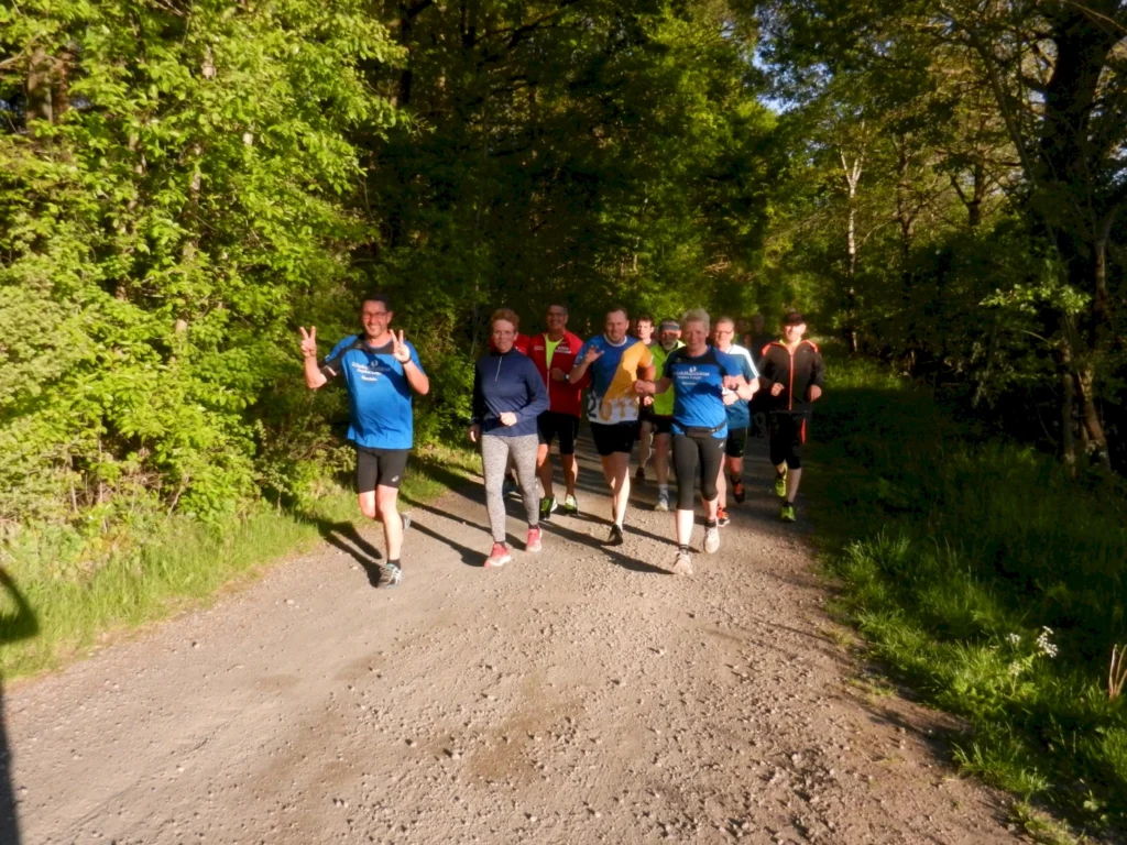 Gruppe von Läufern, die auf einem Schotterweg in der Natur joggen, umgeben von Bäumen und Grün. Die Teilnehmer tragen Sportbekleidung und wirken motiviert und fröhlich.