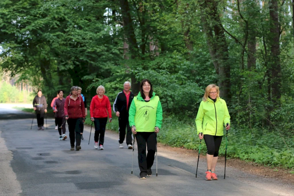 Gruppe von Frauen beim Nordic Walking auf einem Waldweg, umgeben von grüner Natur. Die Teilnehmer tragen sportliche Kleidung und nutzen Walkingstöcke für die Bewegung.