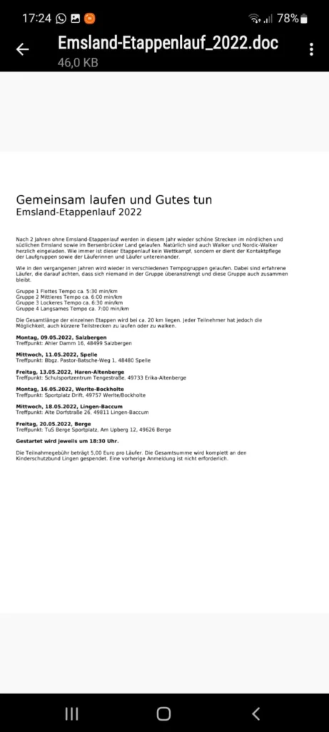 Dokument zum Emsland-Etappenlauf 2022 mit Informationen zu Terminen, Treffpunkten und Teilnahmegebühren für Läufer und Walker.