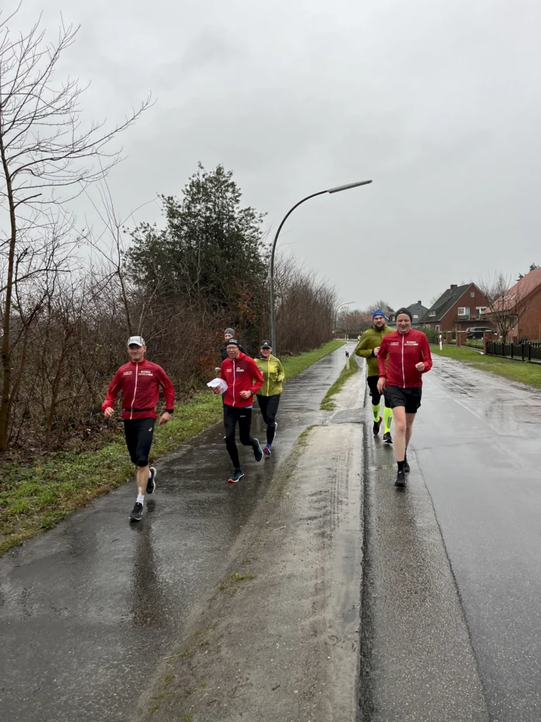 Läufergruppe joggt bei grauem Wetter auf nasser Straße entlang Bäumen und Häusern.