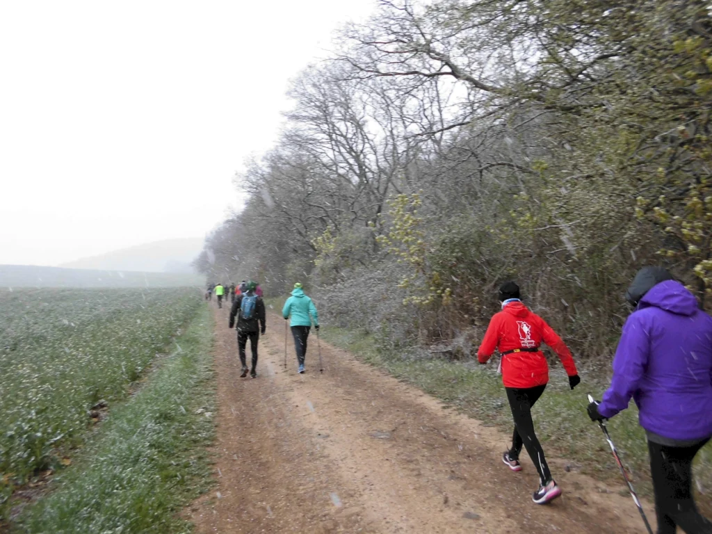 Menschen wandern im Schnee auf einem ländlichen Weg im Winter, umgeben von Feldern und kahlen Bäumen.