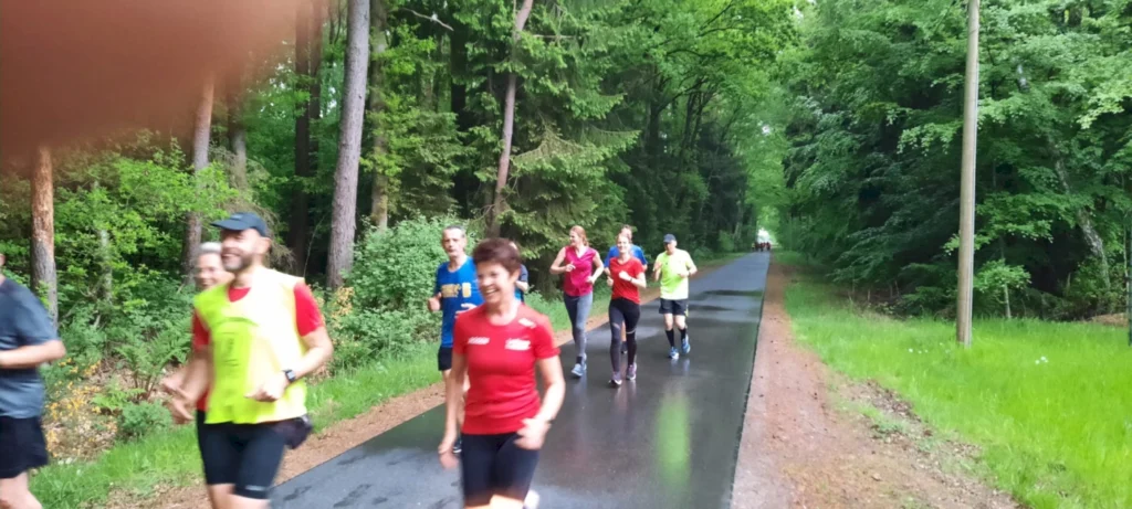 Gruppe von Läufern in einem grünen Waldgebiet, die auf einem befestigten Weg joggen. Die Teilnehmer tragen sportliche Kleidung und lächeln, während sie sich in der Natur bewegen.