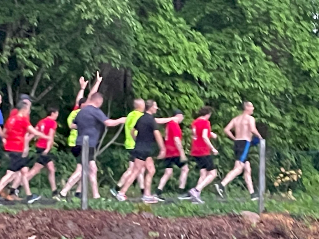 Gruppe von Läufern in roten und grünen Shirts, die auf einem Weg durch eine grüne Landschaft joggen, einige heben die Hände in die Luft, während andere konzentriert weiterlaufen.