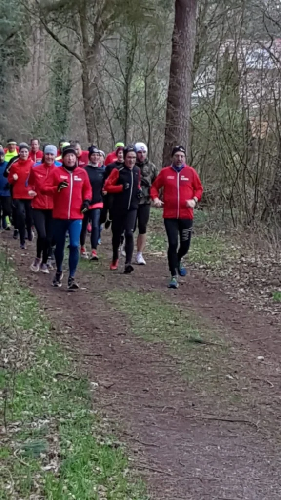 Gruppe von Menschen joggt gemeinsam auf einem Waldweg, viele tragen rote Jacken.