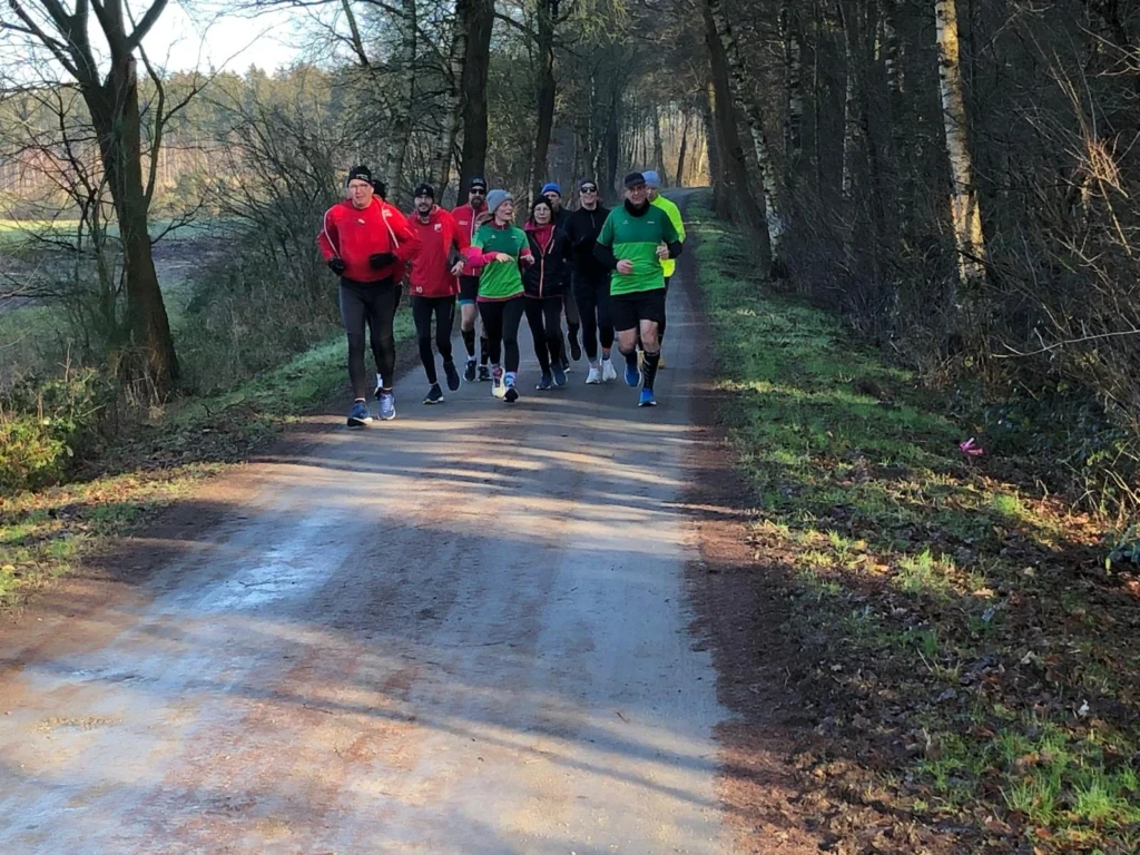 Gruppe von Läufern in sportlicher Kleidung, die auf einem Waldweg joggen. Die Szene zeigt eine Mischung aus Männern und Frauen in verschiedenen Laufoutfits, umgeben von Bäumen und der Natur im Hintergrund. Ideal für Themen wie Fitness, Gruppenlauf und Outdoor-Aktivitäten.