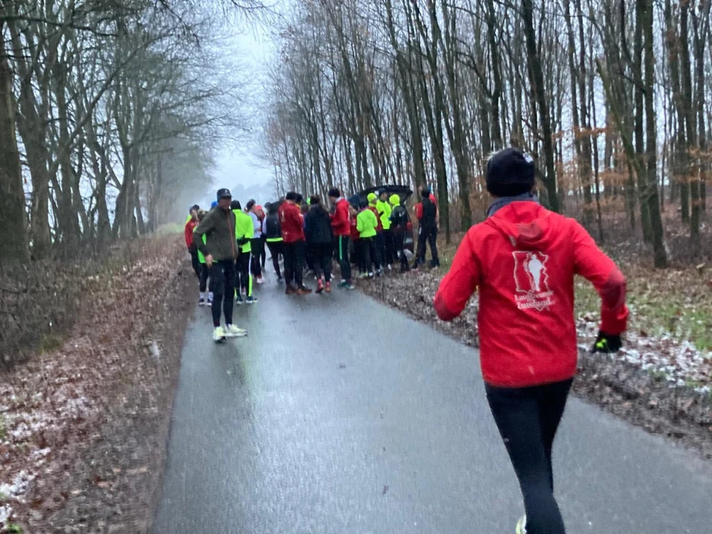 Läufergruppe im Wald bei Winterlauf, bunte Sportkleidung, trüber Tag, sportliche Aktivität in der Natur.