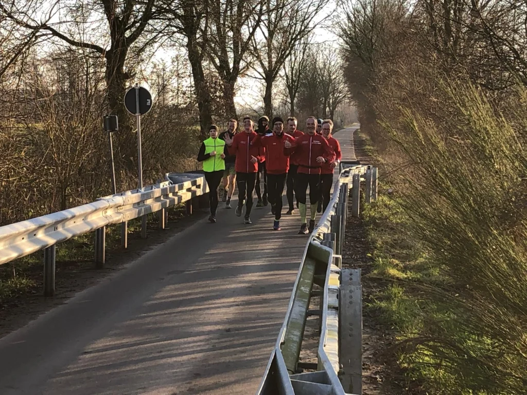 Gruppe von Joggern in roter Kleidung läuft auf schmalem Weg im Sonnenlicht durch eine bewaldete Landschaft.
