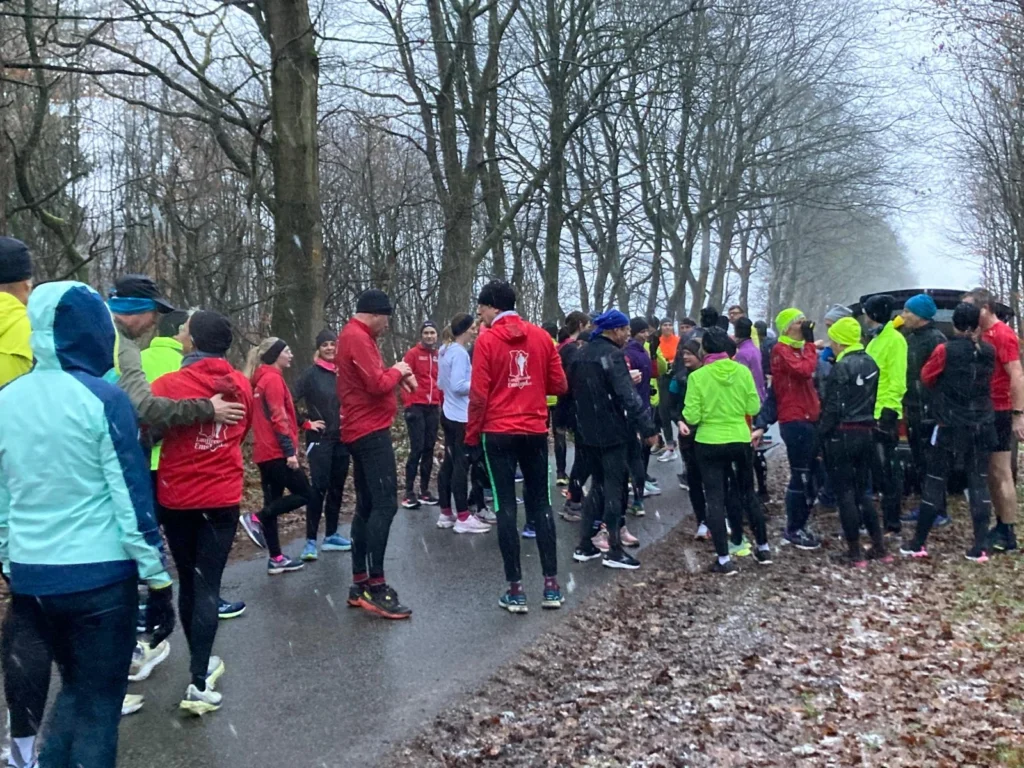 Läufergruppe bereitet sich im Waldweg auf einen Lauf im Winter vor, umgeben von kahlen Bäumen und feuchtem Laub.