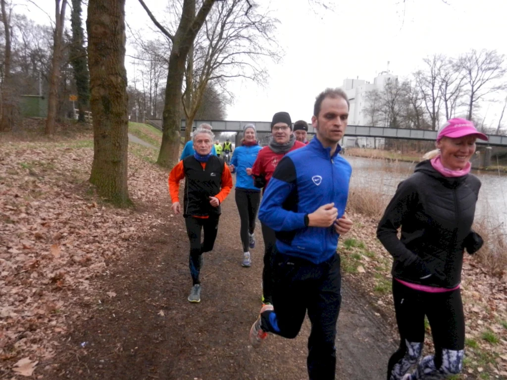 Gruppe von Läufern joggt entlang eines malerischen Weges am Wasser, umgeben von Bäumen und herbstlichem Laub. Die Teilnehmer tragen sportliche Kleidung und zeigen Freude am gemeinsamen Laufen.