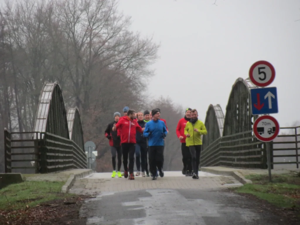 Gruppe von Läufern in Sportkleidung, die über eine Brücke joggen, umgeben von bewaldeter Landschaft an einem nebligen Tag. Verkehrszeichen sind sichtbar, die auf Geschwindigkeitsbegrenzung und Durchfahrt hinweisen.