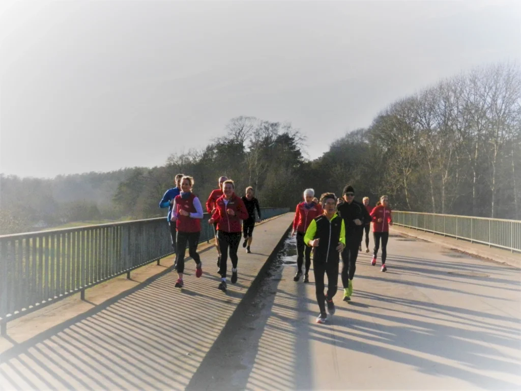 Läufergruppe in sportlicher Kleidung joggt auf einer Brücke in der Natur, umgeben von Bäumen und einem klaren Himmel. Ideal für Themen wie Fitness, Outdoor-Aktivitäten und Lauftraining.