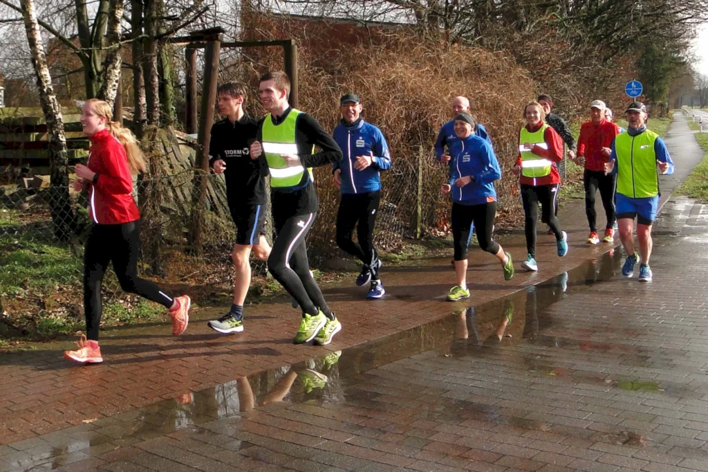Gruppe von Läufern in Sportbekleidung, die auf einem gepflasterten Weg joggen, umgeben von Natur, bei sonnigem Wetter.