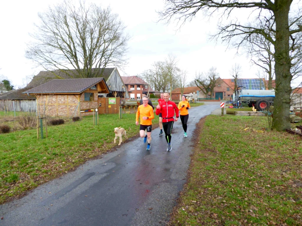 Läufer in orangefarbener Sportkleidung joggen auf einer Landstraße, begleitet von einem Hund. Im Hintergrund sind ländliche Gebäude und Bäume zu sehen, was die idyllische Atmosphäre der Umgebung unterstreicht.