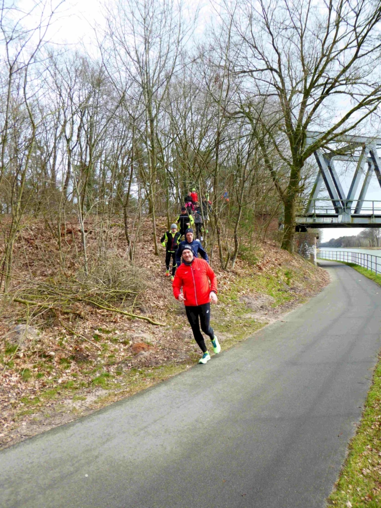 Läufer in sportlicher Kleidung joggen auf einem asphaltierten Weg entlang eines Waldes, während eine Gruppe von Menschen auf einem parallel verlaufenden Pfad in der Nähe eines Brückenbauwerks läuft.