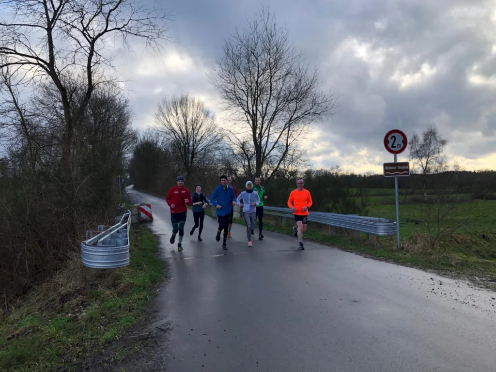 Gruppe von sechs Läufern in Sportkleidung, die auf einer Landstraße joggen, umgeben von Bäumen und Wiesen. Im Hintergrund ist ein Verkehrsschild mit einer Höhenbeschränkung von 2 Metern sichtbar.