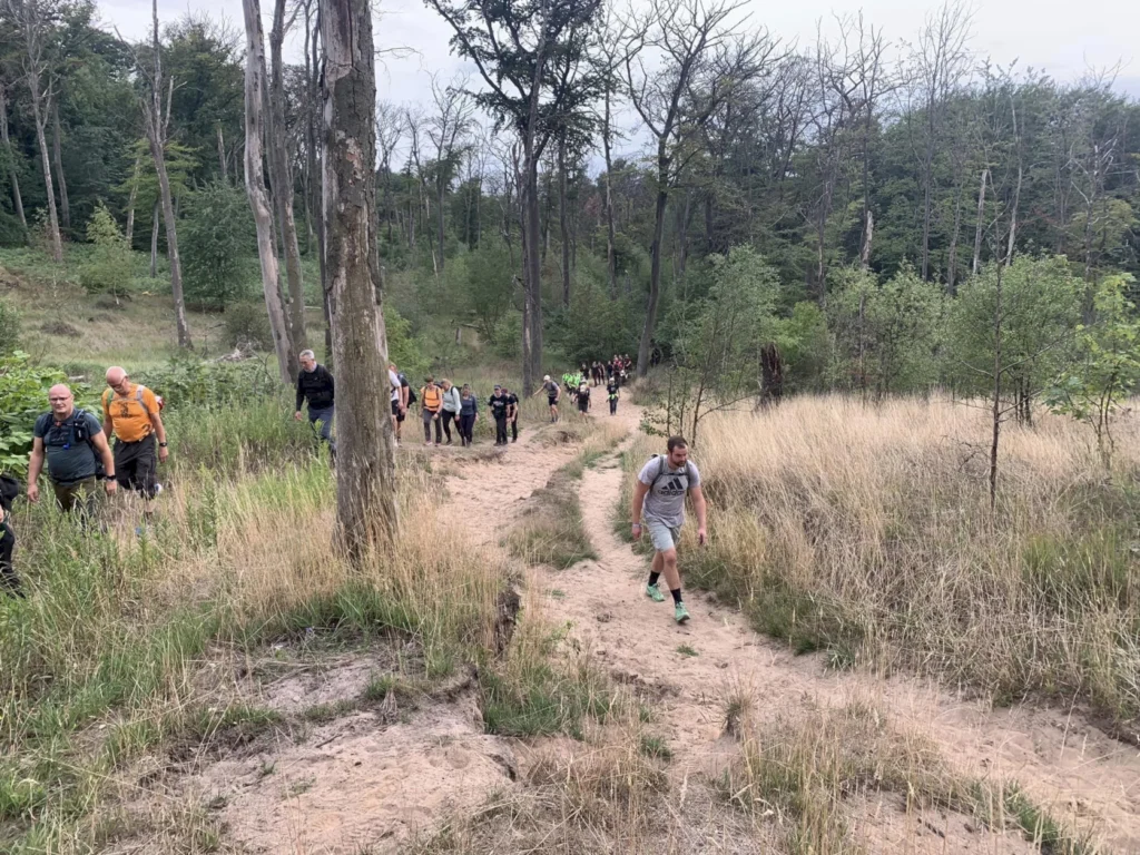 Wanderer auf einem sandigen Pfad in einem Waldgebiet, umgeben von grünen Pflanzen und hohem Gras, genießen eine Gruppenwanderung in der Natur.