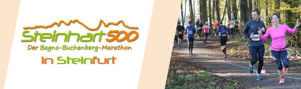 Läuferinnen und Läufer beim Steinhart 500, dem Bagno-Buchenberg-Marathon in Steinfurt, auf einem malerischen Waldweg im Herbst. Die Teilnehmer tragen Sportkleidung und zeigen Wettkampfgeist während des Rennens.