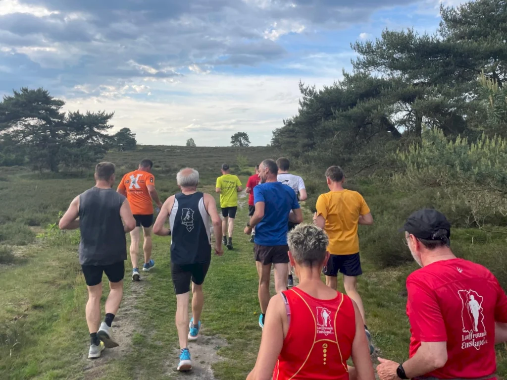 Gruppe von Joggern, die auf einem Waldweg in der Natur joggen, umgeben von Bäumen und grüner Landschaft. Die Läufer tragen verschiedene Sportbekleidungen und sind aktiv in der Laufgemeinschaft. Ideal für Fitness- und Outdoor-Events.