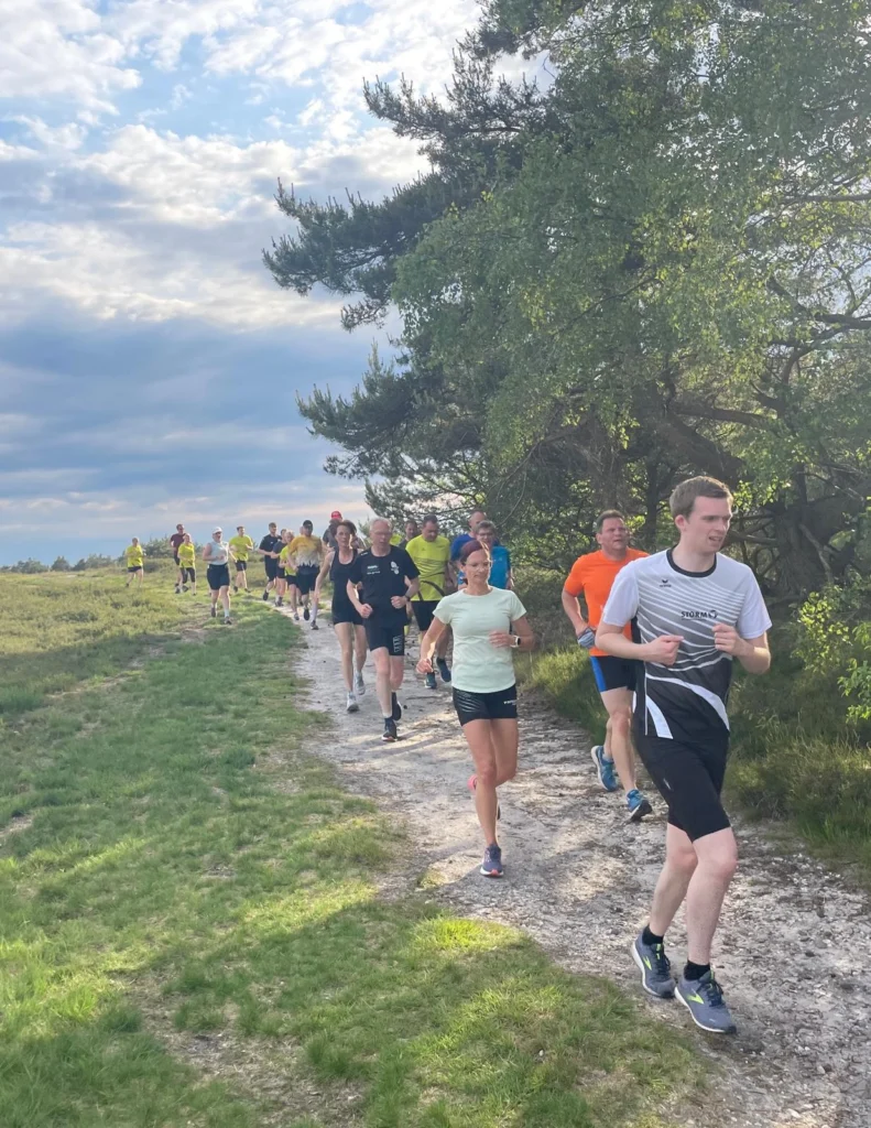Läufergruppe auf einem Naturpfad bei einem Wettkampf, umgeben von Bäumen und Gras, bei sonnigem Wetter.